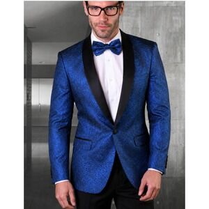 NEW Statement Italy Royal Blue Floral Brocade Blazer Velvet Shawl Lapel 56L Gala